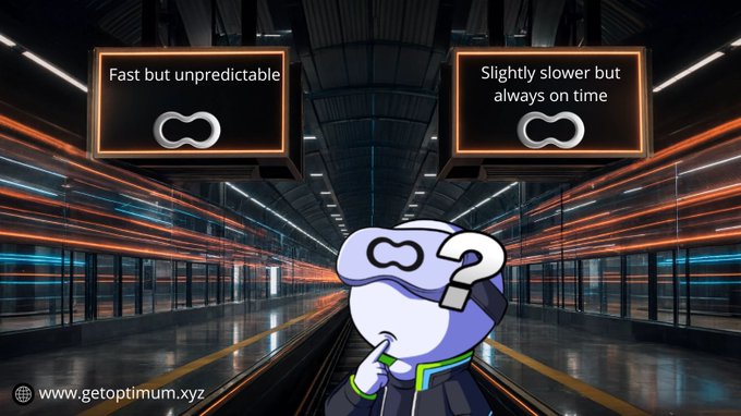 The image features two signs with different descriptions about speed and predictability. One sign says "Fast but unpredictable", while the other one says "Slowly but always on time". A person wearing a hat, possibly a character from a video game or cartoon, is standing in front of these signs, looking at them with an uncertain expression. The image also includes some text that reads "The real problem isn't just latency its latency variance According To @get_optimum test, RLNC didnt just improve".