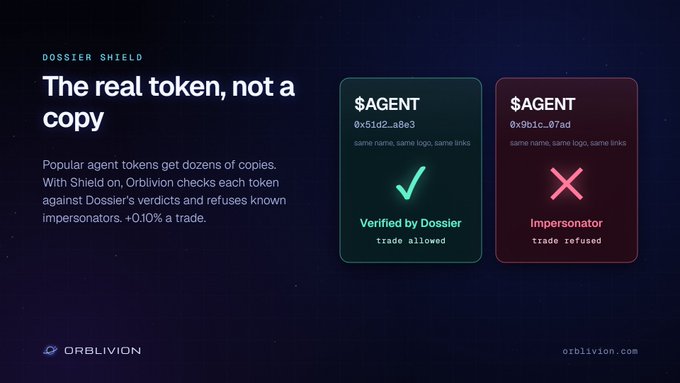An OrbLivion promotional graphic titled "DOSSIER SHIELD" explaining token verification, showing two cards: a green-checked verified $AGENT token (0x51d2...a8e3) and a red-X'd impersonator $AGENT (0x9d1c...07ad).