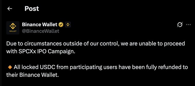 The image shows a screenshot of a social media post discussing Binance Wallet and an upcoming SPCX IPO. The post details a plan for Binance Wallet users to raise funds for the IPO by asking them to share the post with their followers or spread the word on social media platforms, stating that they will invest all those donations into the SPCX IPO if it's successful.