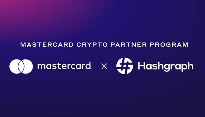 A purple and pink gradient graphic announcing the 'MASTERCARD CRYPTO PARTNER PROGRAM' featuring the Mastercard and Hashgraph logos.