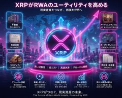 A promotional infographic for the Ripple XRP cryptocurrency, featuring a glowing 'X' logo in the center with 'XRP' text, surrounded by various features and benefits described in Japanese text on a dark blue cityscape background.