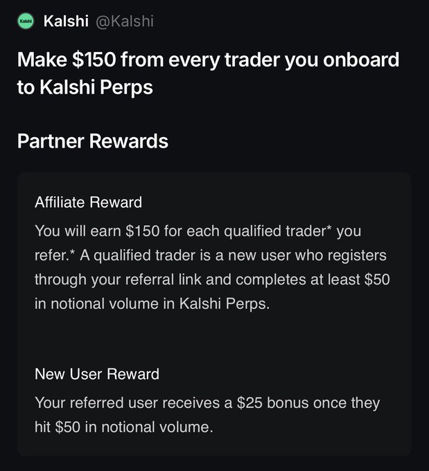 A tweet from Kalshi (@Kalshi) advertises a Partner Rewards program offering $150 per qualified trader referral and a $25 bonus for new users on Kalshi Perps, complementing the accompanying instructions on how to earn referral commissions by onboarding US users who complete KYC verification and trade at least $50 in notional volume.