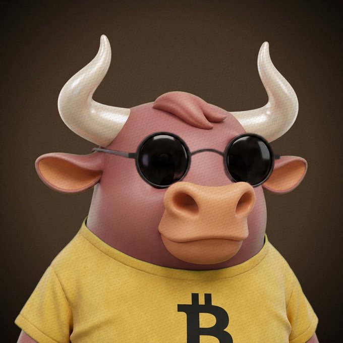 A 3D rendered image of a pink bull character wearing round black sunglasses and a yellow shirt with the Bitcoin 'B' logo on it.