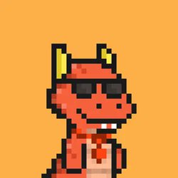 A pixel art character of a red devil-like creature with yellow horns, wearing sunglasses and showing its tongue, against an orange background.