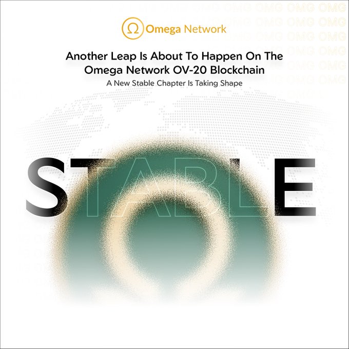 The image is a promotional graphic from Omega Network announcing a new stable chapter on its OV-20 blockchain, featuring the Omega Network logo, headlines reading "Another Leap Is About To Happen On The Omega Network OV-20 Blockchain" and "A New Stable Chapter Is Taking Shape," with large "STABLE" text overlaid on a teal and gold cosmic ring design.
