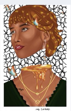 A stylized digital portrait illustration of a woman with brown skin, golden-brown hair, and dangling earrings, adorned with gold necklaces against a black and white patterned background, with text 'Lady Darkness' at the bottom.