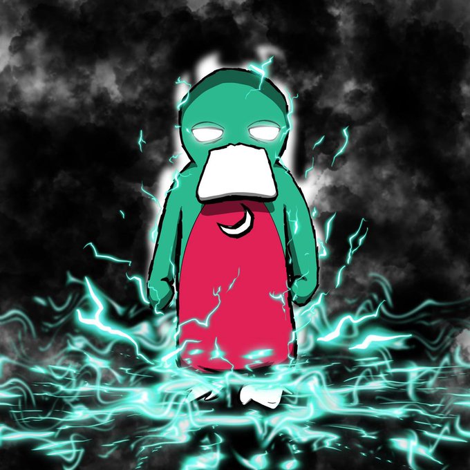 A cartoon illustration of a green-skinned figure in a red robe surrounded by glowing teal lightning bolts and dark swirling clouds.