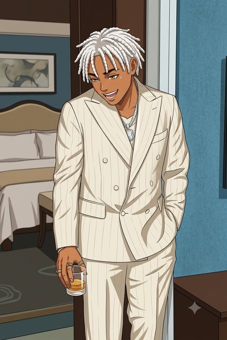 Anime-style illustration of a young man with white dreadlocks wearing a white pinstripe suit, smiling while holding a glass of amber liquid in a bedroom setting.