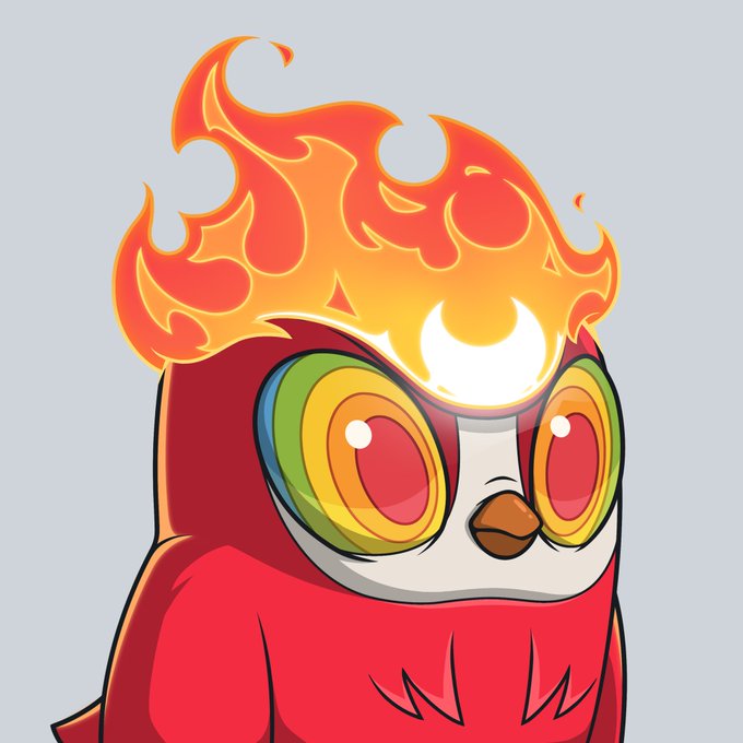 Digital artwork of a red owl-like character with colorful rainbow eyes and a fiery orange and yellow flame on its head, illustrated by discord user @Milkywaysfinest.