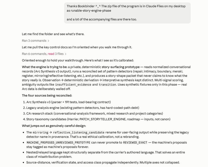A screenshot shows technical documentation text discussing 'Arc Synthesis v3', 'reflective_listening_candidate', and references to Claude Files, Bookbinder, and various file paths.