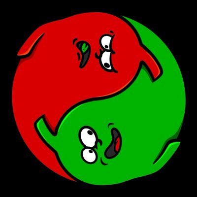 A cartoon yin-yang symbol with a red and green half, each featuring a surprised face with wide eyes and an open mouth, no visible text. The image's red and green color scheme likely represents the bullish (green) and bearish (red) market sentiment referenced in the post about the $0xMarketPlayers NFT drop.