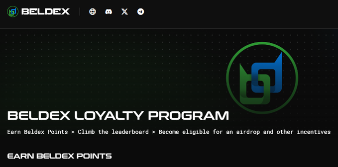 A website header for 'BELDEX LOYALTY PROGRAM' on a dark background with a green logo, reading 'Earn Beldex Points > Climb the leaderboard > Become eligible for an airdrop and other incentives'.