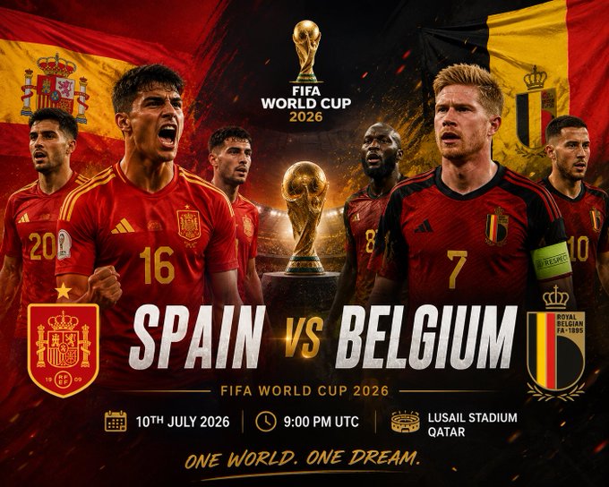 The image is a promotional graphic for a FIFA World Cup 2026 match between Spain and Belgium, featuring players in red jerseys on either side of the World Cup trophy, with text reading "SPAIN VS BELGIUM," "10th July 2026, 9:00 PM UTC, Lusail Stadium Qatar," and "One World. One Dream." The "Who won" caption suggests this graphic was created to illustrate or predict the highly anticipated clash between the two European football powerhouses.