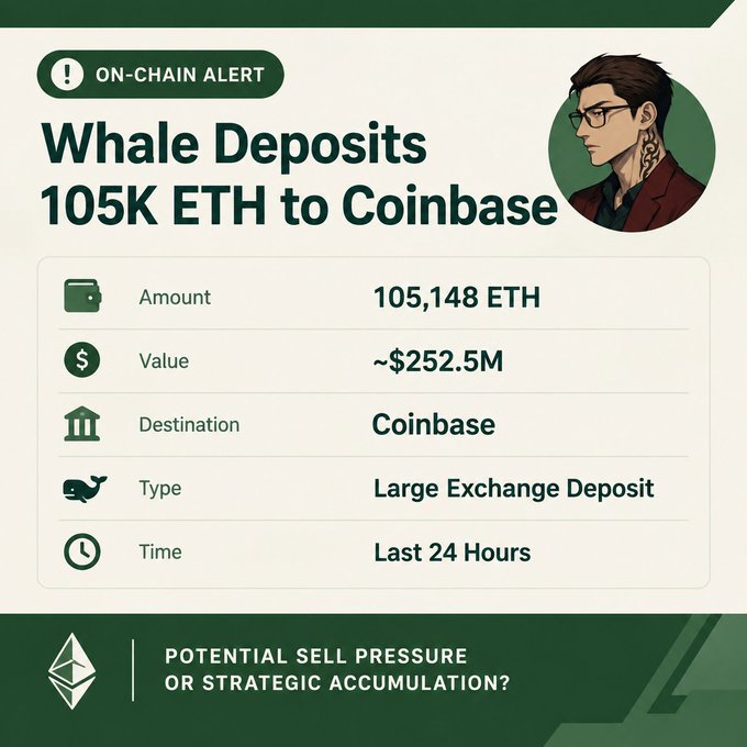 On-chain alert graphic titled 'Whale Deposits 105K ETH to Coinbase,' detailing an amount of 105,148 ETH valued at approximately $252.5M as a large exchange deposit within the last 24 hours.