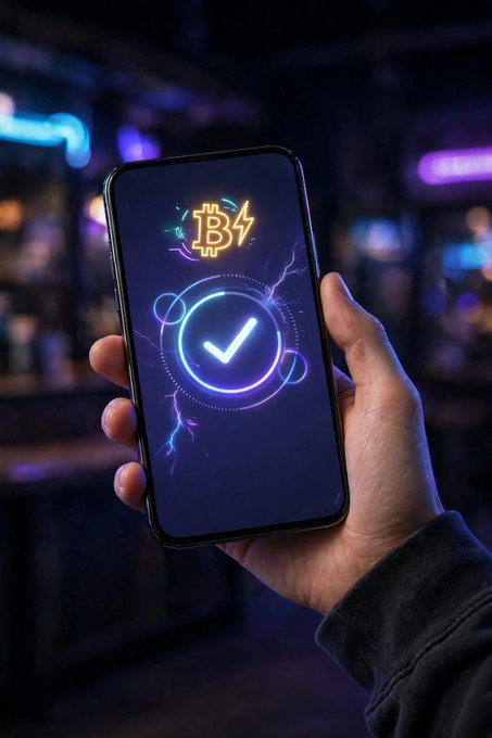 A hand holding a smartphone displaying a Bitcoin logo and a glowing checkmark on the screen, set against a dark background with neon lighting.