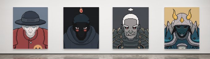 Four pixel-art character portraits displayed as art panels in a gallery, featuring distinct designs including a figure in a wide-brimmed hat, a masked black-clad character, a pale bearded figure, and a horned dark entity.
