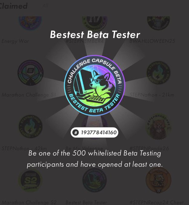 A 'Bestest Beta Tester' achievement badge from STEPN's Challenge Capsule Beta featuring a chihuahua with glasses at a computer, with the identifier #193778414160.