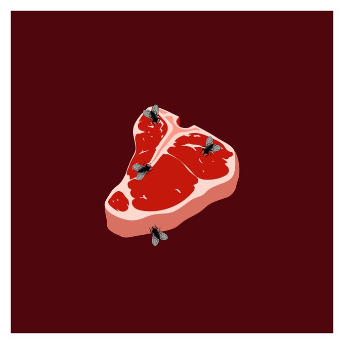 An illustration of a raw steak on a dark red background with several flies swarming around the meat.