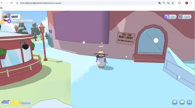 A screenshot of a browser-based penguin game called 'amboree-square' showing a penguin character near 'The Odd Loot' shop.