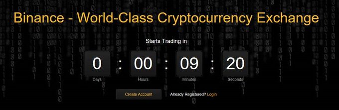 A promotional image for Binance featuring the tagline "Binance - World-Class Cryptocurrency Exchange" with a countdown timer showing 0 days, 00 hours, 09 minutes, and 20 seconds remaining before "Starts Trading," along with "Create Account" and "Login" options. The countdown ties into Binance's ninth anniversary, marking the milestone moment when the exchange launched.