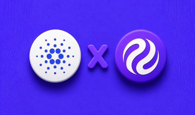 A Cardano (ADA) logo and Injective (INJ) logo are displayed on a purple background, separated by an "X" symbol to signify their integration. The image visually represents the new live testnet interoperability rail connecting the two blockchain ecosystems, as highlighted in the accompanying post.