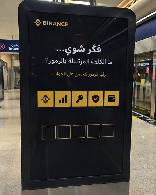 A Binance-branded digital advertising kiosk in a mall displays an Arabic word puzzle featuring five icons (Binance logo, bar chart, key, shield, and credit card) with empty boxes below for users to guess the connecting word, echoing the post's riddle challenge "Think a little... what's the word that links these symbols?"