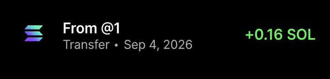 A Solana transaction notification showing a transfer of +0.16 SOL received on September 4, 2026, likely serving as proof of a small giveaway payout to a participant's wallet as advertised in the accompanying post.