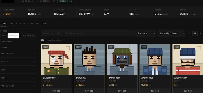 A dark-themed NFT marketplace interface showing pixel-art character avatars listed for sale under the "ZADOR" collection, with a floor price of 0.007 ETH and 24-hour volume of 10.1739 ETH.
