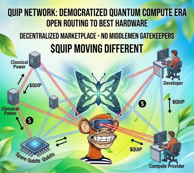 The image features a cartoon depiction of a monkey wearing glasses with red lights on its forehead, holding a computer monitor and surrounded by various computer components such as a circuit board and a computer chip. The monkey appears to be in a state of deep thought or contemplation while looking at the screen. In the background, there are two people sitting at desks, one using a computer and another working with a circuit board. The image also includes text that reads "gm just caught @quipnetwork the script, a full decentralized quantum compute marketplace where anyone with spare qubits or classical power can list it and get paid directly by devs needing real quantum jobs no middlemen gatekeepers, just open routing to the best hardware for".