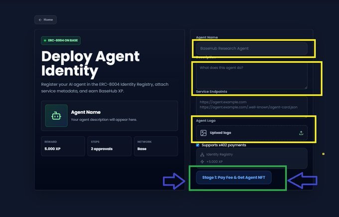 A dark-themed interface titled "Deploy Agent Identity" on Base (ERC-8004 ON BASE), highlighting form fields for Agent Name, description, Service Endpoints, and Agent Logo, with arrows pointing to the "Stage 1: Pay Fee & Get Agent NFT" button—relating to the post's call to take critical steps for the $BASE airdrop before it's too late.