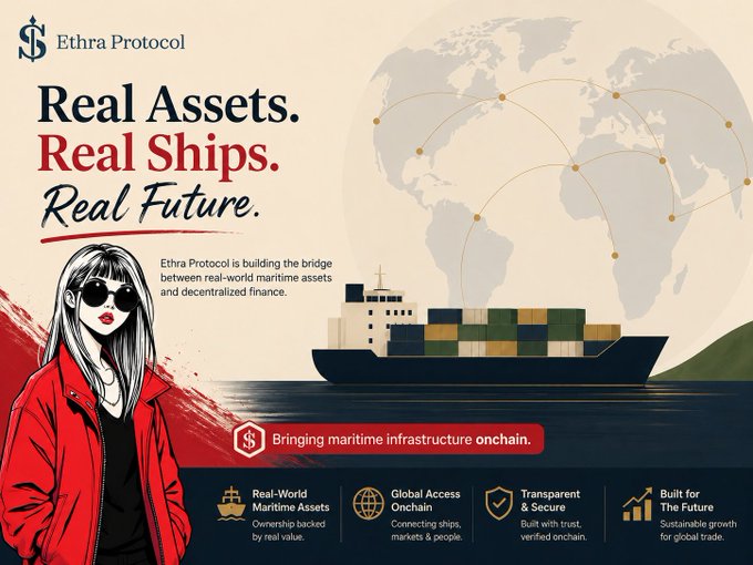 A stylized illustration features a woman in a red jacket and sunglasses beside a cargo ship sailing across the ocean, with a world map and connection lines in the background promoting "Ethera Protocol" and its tagline "Real Assets. Real Ships. Real Future."—visually reinforcing the post's emphasis on Ethera's shipping-backed RWA model that begins with operational vessels rather than token-first utility.