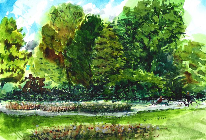 A vibrant watercolor and ink painting depicting a lush, sun-dappled park scene with dense green trees, a flowering garden bed in the foreground, and small figures seated on benches. The artwork captures Vondel Park in Amsterdam, rendered in loose, expressive brushstrokes that convey the natural beauty of the location.