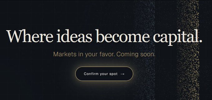 A sleek black promotional banner reads "Where ideas become capital." in large white serif text, with the tagline "Markets in your favor. Coming soon." beneath it and a "Confirm your spot →" button—serving as the early-access landing page for skew.trade, where users are instructed to sign up, connect a burner wallet, and check registration completion for a potential future airdrop.