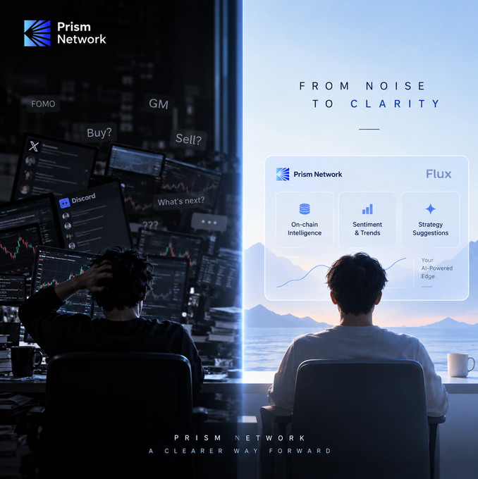 A promotional graphic for 'Prism Network' featuring a split-screen design; the dark left side shows a person overwhelmed by trading screens with words like 'FOMO' and 'Buy?', while the bright right side shows the same person facing a clean interface with 'On-chain Intelligence', 'Sentiment & Trends', and 'Strategy Suggestions'.