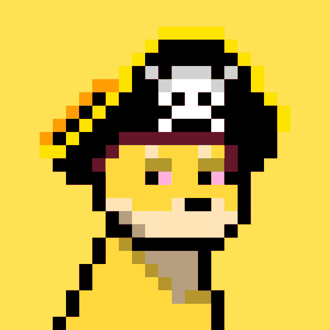 Pixel art on a yellow background depicting a character wearing a skull mask and a red headband.