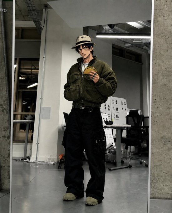 A man wearing a fedora, bomber jacket, and baggy cargo pants stands in an industrial loft space, taking a mirror selfie while holding a pastry. The stylish, casual outfit fits the laid-back "Gm" (good morning) greeting, showcasing a fashionable morning look perfect for the crypto/web3 community vibe.