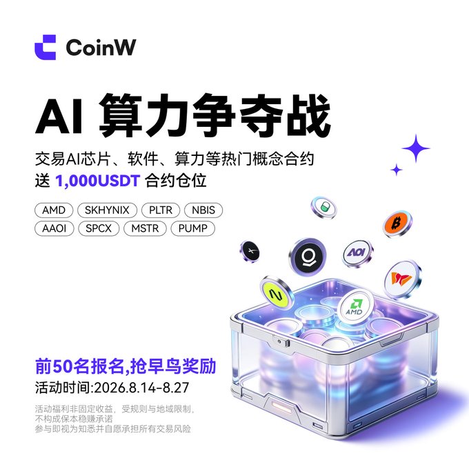 CoinW promotional poster titled 'AI 算力争夺战' (AI Computing Power Contest) advertising trading of AI-related contracts and a 1,000 USDT bonus for the first 50 sign-ups, listing tickers AMD, SKHYNIX, PLTR, NBIS, AAOI, SPCX, MSTR, and PUMP, with an event window of 2026.8.14–8.27.