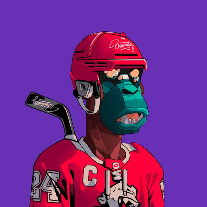 A stylized cartoon illustration of a hockey player wearing a red helmet, green mouthguard, and red jersey with '24' and 'CA' lettering, holding a hockey stick against a purple background.