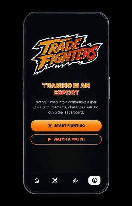A smartphone mockup displaying the 'TRADE FIGHTERS' app with the tagline 'TRADING IS AN ESPORT' and buttons for 'START FIGHTING' and 'WATCH A MATCH' on a dark background.