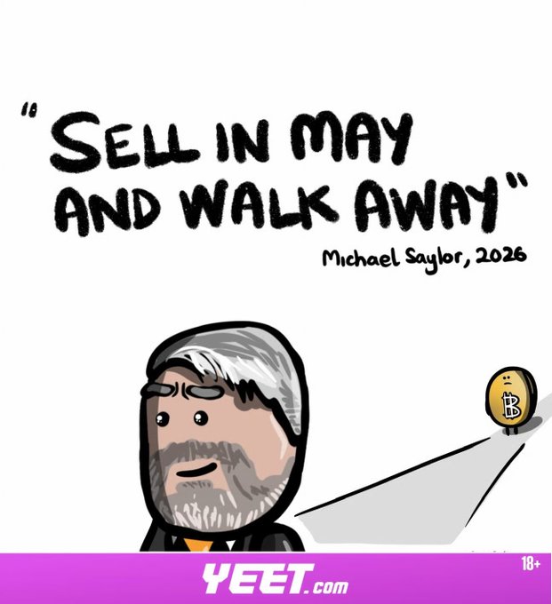 The image features a cartoon man with gray hair wearing a black suit, standing next to a yellow coin that says "sell in may" and "and walk away." The text above the coin reads "Sell in May And Walk Away," which is likely a quote from Michael Taylor. Below the coin, there are some numbers and a website address for Yeet.com.