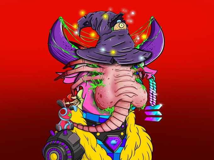Digital illustration of a fantasy creature resembling a female elephant with a wizard hat, bat-like wings, and a mechanical weapon against a red background.