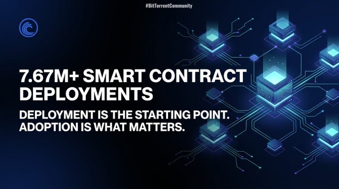 A BitTorrent Community promotional graphic stating '7.67M+ SMART CONTRACT DEPLOYMENTS' with the tagline 'DEPLOYMENT IS THE STARTING POINT. ADOPTION IS WHAT MATTERS.'