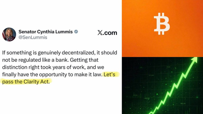 A tweet from Senator Cynthia Lummis (@SenLummis) stating "If something is genuinely decentralized, it should not be regulated like a bank...Let's pass the Clarity Act," shown alongside Bitcoin graphics and an upward green price chart, illustrating her push for crypto market structure legislation.