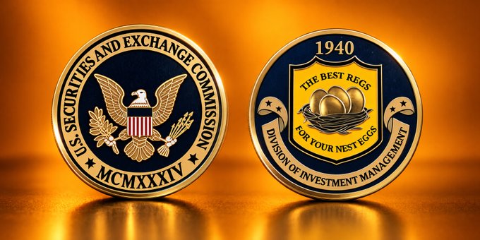 A challenge coin from the U.S. Securities and Exchange Commission featuring the official SEC seal on one side (dated "MCMXXXIV") and a personalized design on the reverse with "1940," "The Best Reg's For Your Nest Eggs," and "Division of Investment Management," celebrating the agency's culture under SEC Chairman Paul Atkins.