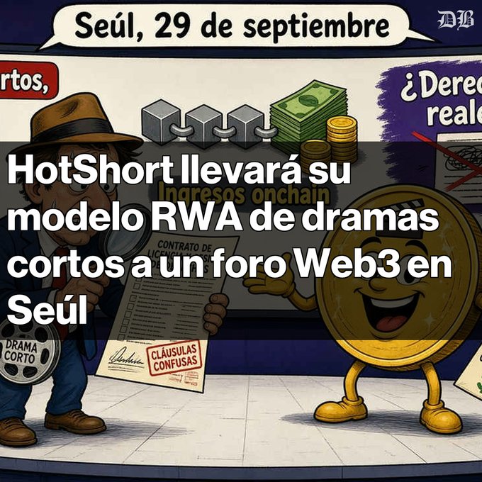 An illustrated graphic in Spanish about HotShort bringing its short drama RWA model to a Web3 forum in Seoul, dated September 29.