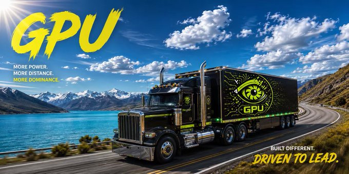 A promotional image featuring a black truck with a trailer labeled 'GPU' driving on a scenic road, with text reading 'GPU', 'MORE POWER. MORE DISTANCE. MORE DOMINANCE.' and 'BUILT DIFFERENT. DRIVEN TO LEAD.'