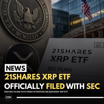 The image shows a close-up of the SEC emblem alongside a document labeled "21SHARES XRP ETF - SEC FILING," with overlay text announcing "21SHARES XRP ETF OFFICIALLY FILED WITH SEC." The accompanying post notes that this SEC filing adds another official regulatory document to 21Shares' XRP ETF public record, confirming continued institutional interest in XRP investment products.