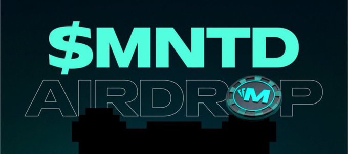 A digital graphic with a dark teal background displaying '$MNTD' in bold mint-green letters and 'AIRDROP' below it, with a casino chip replacing the 'O' in airdrop.