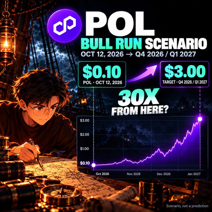 A promotional graphic for the cryptocurrency POL featuring an illustrated character at a navigation table, showing a 'Bull Run Scenario' from $0.10 to $3.00 (30X) between October 2026 and Q1 2027, with a disclaimer that it's a 'scenario, not a prediction.'