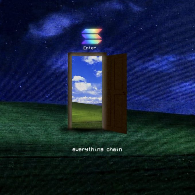 A surreal image shows an open door revealing a bright daytime sky and green field, set against a dark starry night landscape. The text 'Enter' appears near a logo at the top, and 'everything chain' is written at the bottom.